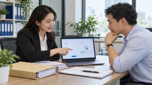 Accounting consultant and business client reviewing a website enquiry form