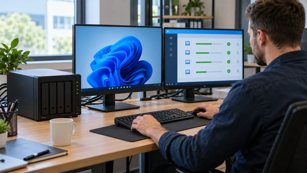 Windows workstation and four-bay NAS in a centralized PC backup workflow