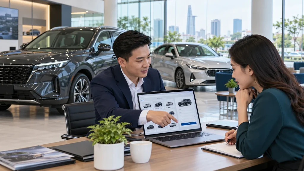 Nhân viên showroom và chuyên viên website kiểm tra trang xe, form lái thử và luồng nhận lead