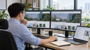 Website specialist reviewing Vietnamese and English pages on two monitors with a release checklist