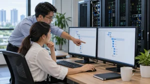 Kỹ thuật viên IT và quản lý đối chiếu thư mục nguồn và đích trước khi di chuyển dữ liệu