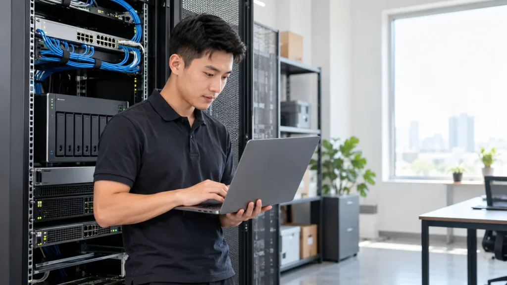 IT engineer checking centralized business storage in a server room
