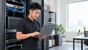 IT engineer checking centralized business storage in a server room