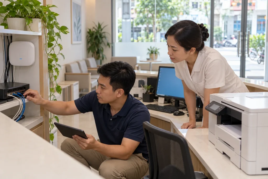 Kỹ thuật viên IT hỗ trợ quản trị viên phòng khám kiểm tra thiết bị mạng và máy in