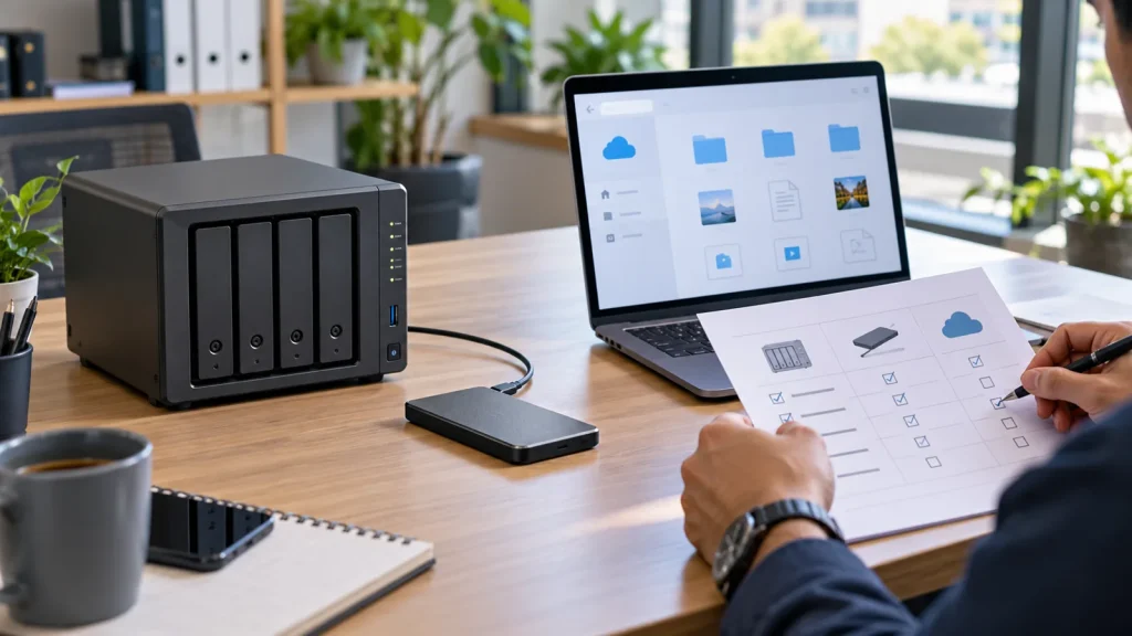 Illustration comparing a NAS, external drive and cloud storage for business