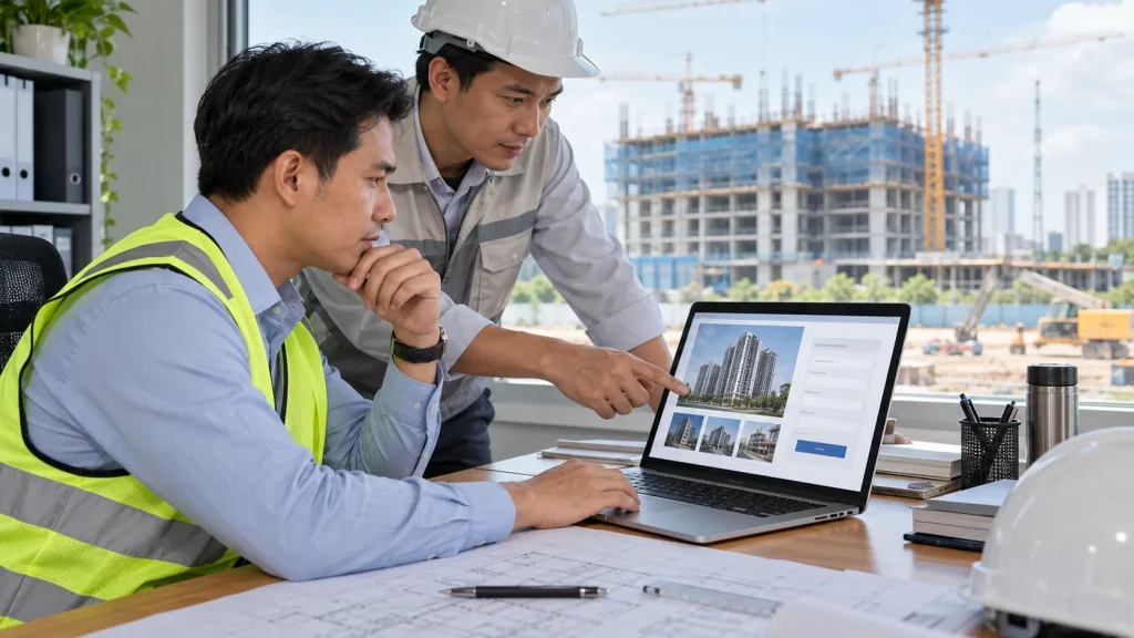 Construction project team reviewing a website portfolio and quotation enquiry form