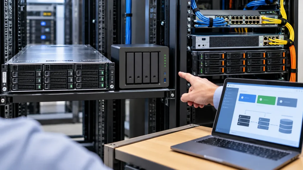 Illustration of DAS NAS SAN and VSA storage architecture in a server room