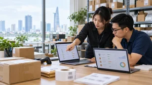 Quản lý vận hành và kỹ thuật viên IT đối chiếu đơn hàng, tồn kho tại khu đóng gói
