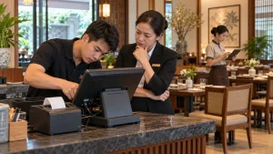 Nhân viên nhà hàng cùng kỹ thuật viên kiểm tra POS và máy in hóa đơn