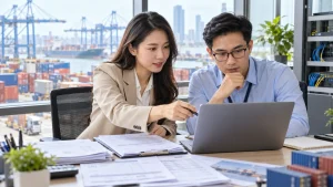 Nhân sự xuất nhập khẩu và IT kiểm tra email, chứng từ trên laptop tại văn phòng cảng