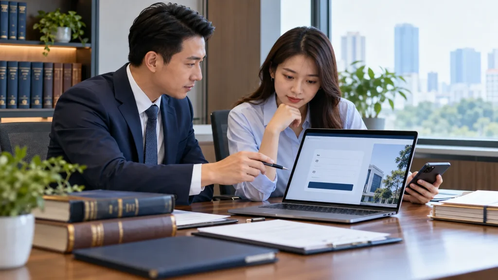 Lawyer and website specialist reviewing a consultation enquiry form on a laptop