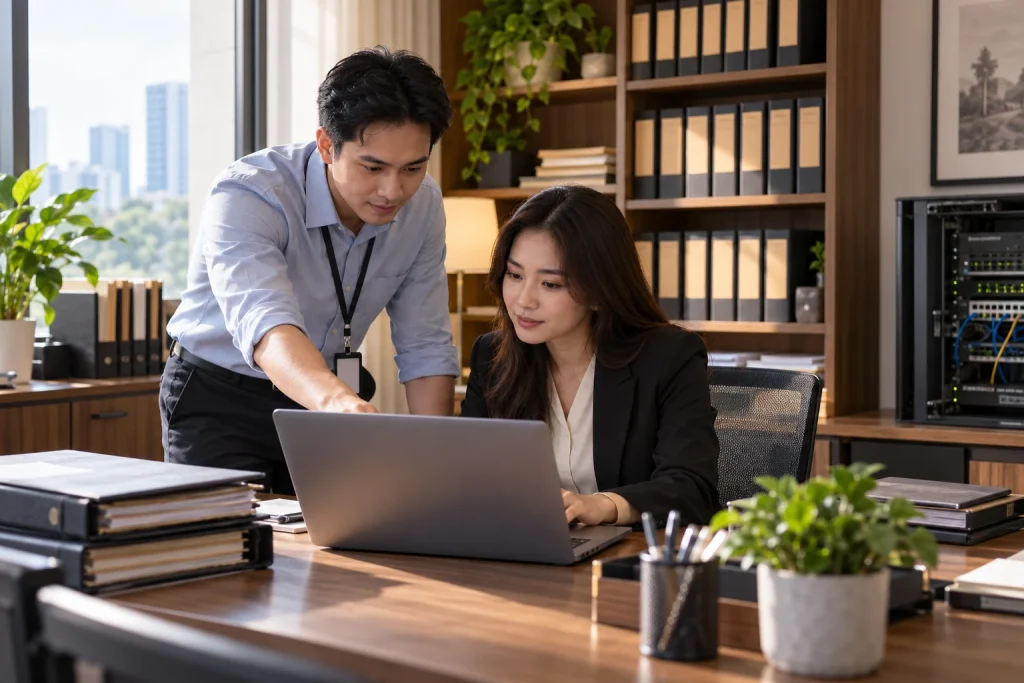 Nhân viên IT và quản trị viên văn phòng luật rà soát quyền truy cập trên máy tính tại văn phòng