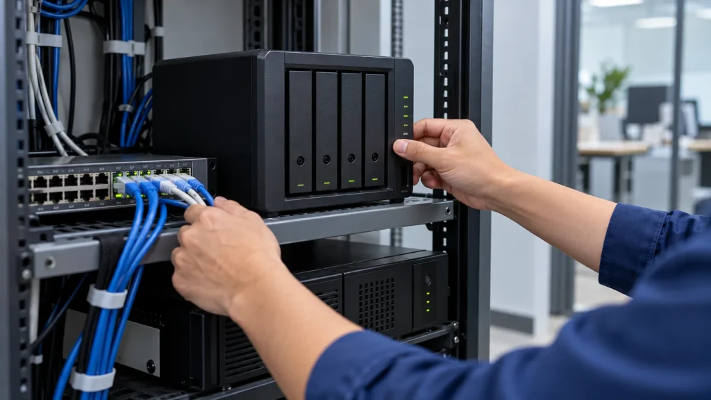 Kỹ thuật viên kiểm tra NAS bốn khay, switch mạng và nguồn điện dự phòng tại văn phòng