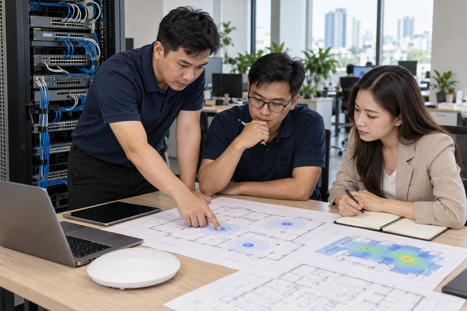 Nhóm kỹ thuật khảo sát sơ đồ mạng và vùng phủ Wi-Fi văn phòng