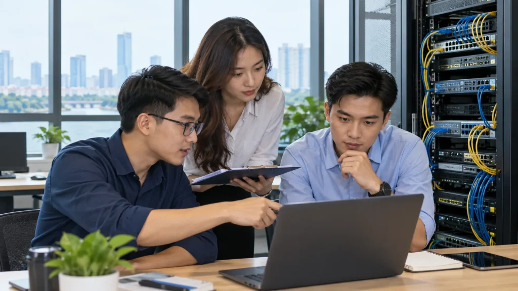 Nhóm kỹ thuật và quản lý rà soát sơ đồ hạ tầng mạng tại văn phòng