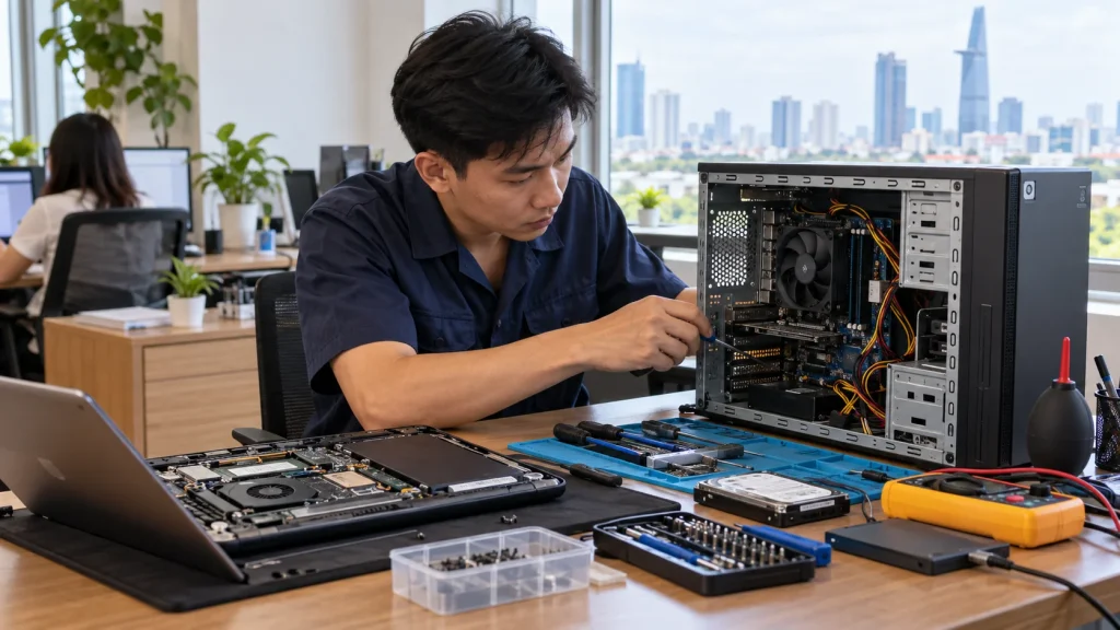 Technician inspecting a computer at an office in Ho Chi Minh City - illustrative image
