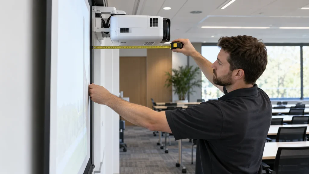 Technician measuring lens-to-screen distance for a short-throw projector in a training room
