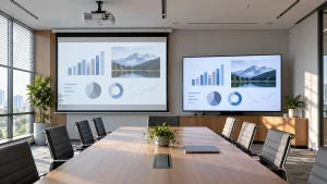 Ceiling-mounted projector and large flat-panel display in one meeting room