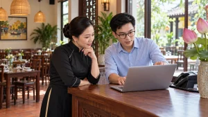 Quản lý nhà hàng và chuyên viên website kiểm tra thực đơn, giờ phục vụ và yêu cầu đặt bàn