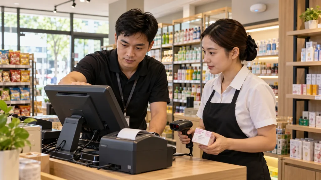 IT technician and store manager test POS, receipt printer and barcode scanner before opening