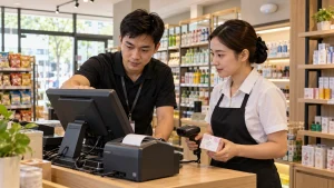 IT technician and store manager test POS, receipt printer and barcode scanner before opening