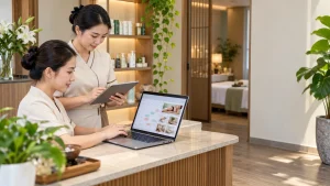 Spa reception team checking website appointment requests on a laptop and tablet