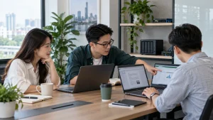 Business team collaborating on documents and spreadsheets with a NAS in the office