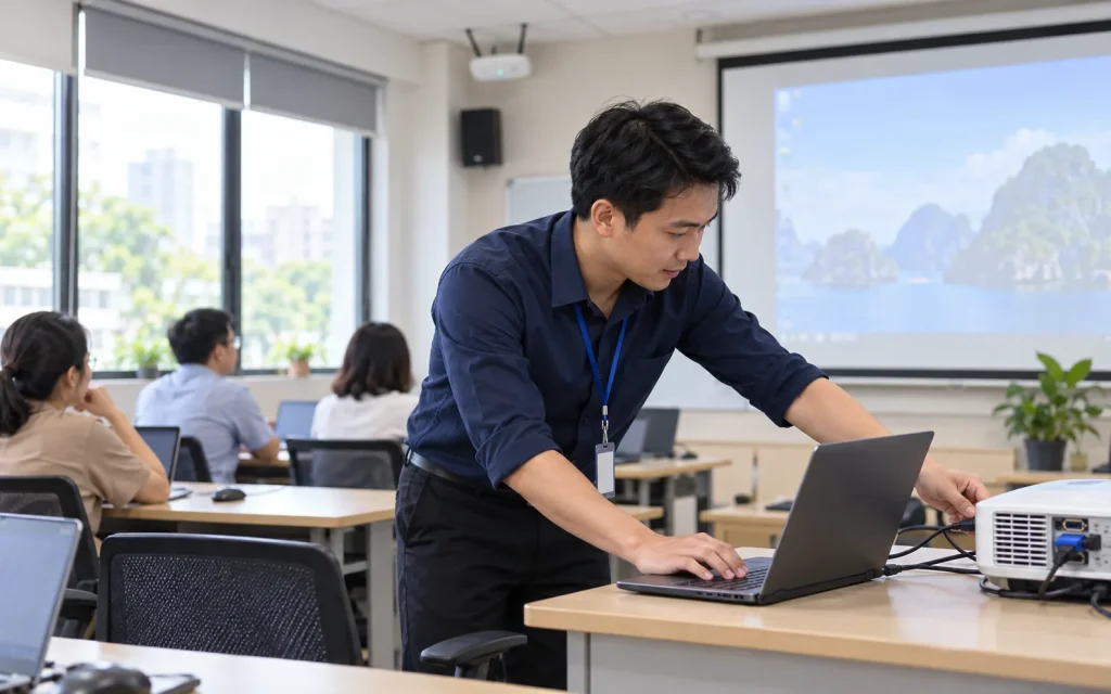 Nhân viên IT kiểm tra máy tính và thiết bị trình chiếu trước giờ học tại trung tâm đào tạo