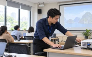 Nhân viên IT kiểm tra máy tính và thiết bị trình chiếu trước giờ học tại trung tâm đào tạo
