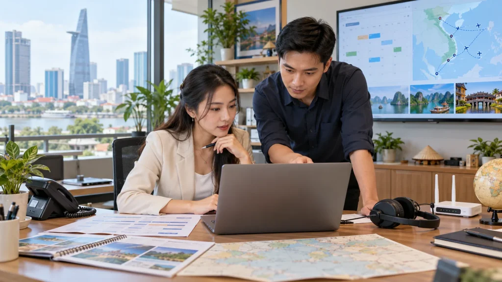 Điều hành tour và kỹ thuật viên IT kiểm tra hệ thống booking tại văn phòng lữ hành