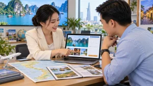 Travel consultant reviewing tour departures and booking enquiry on a website