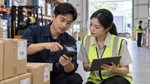 Kỹ thuật viên kiểm tra máy quét mã vạch và kết nối WMS trong kho
